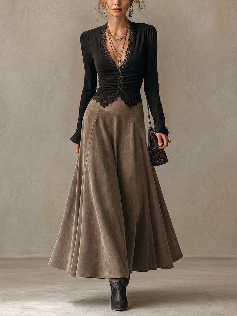 Albane | Set Top en Kant en Maxi Rok van Suède, Zwart en Taupe