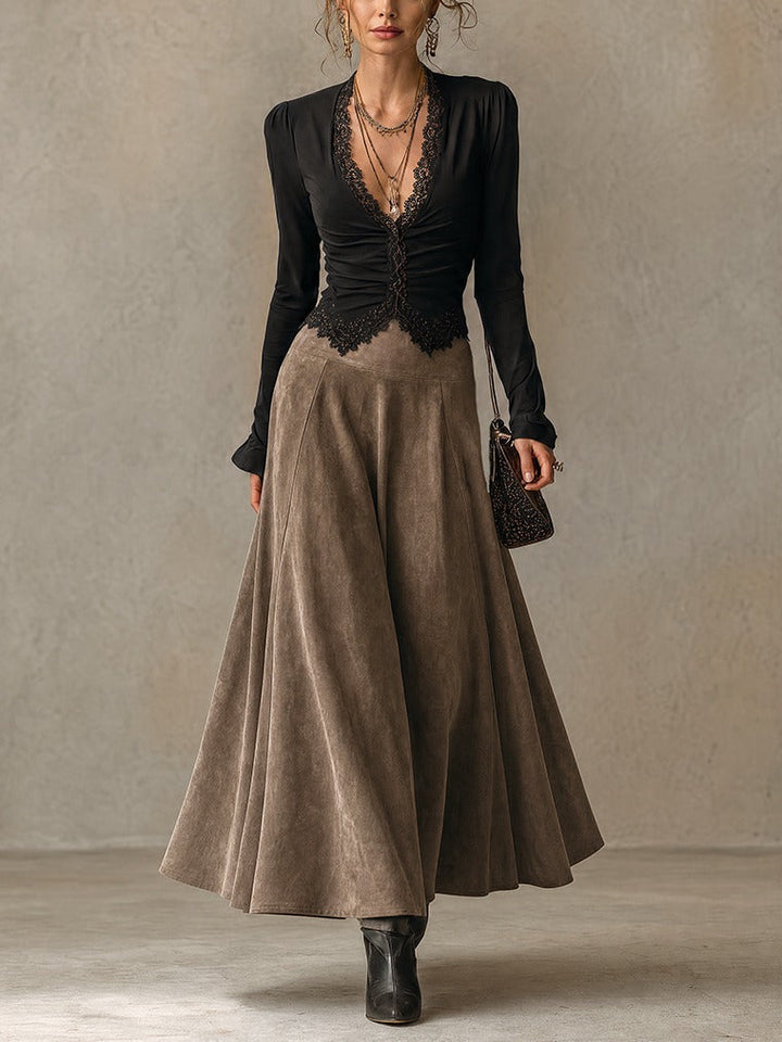 Albane | Set Top en Kant en Maxi Rok van Suède, Zwart en Taupe