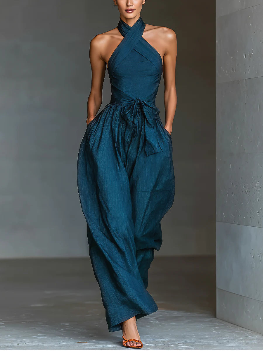 Navy Cross Halter Wijde Pijpen Jumpsuit Met Zakken