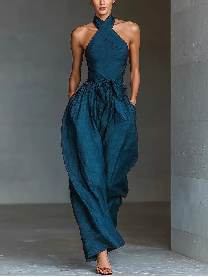 Navy Cross Halter Wijde Pijpen Jumpsuit Met Zakken