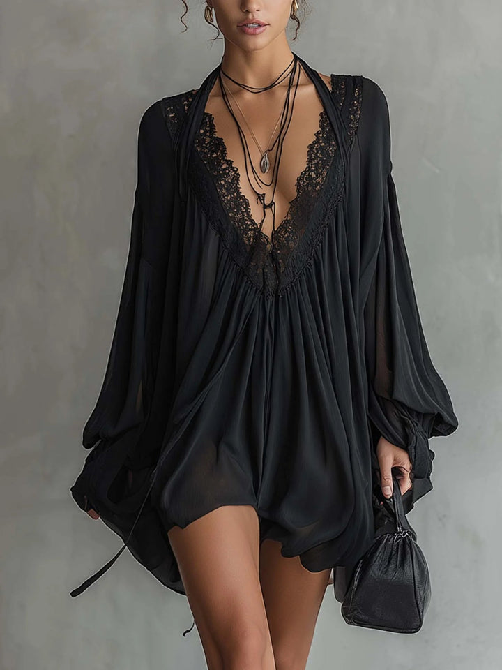 Zwarte Chiffon Halter Mini Jurk Met Kant Halslijn