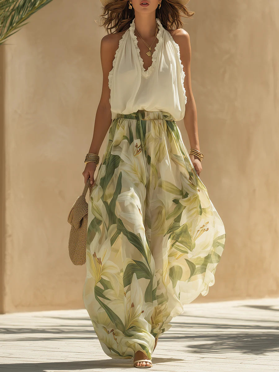 Vakantie Chiffon Ruffled Mouwloze Top En Lelieprint Broek Set