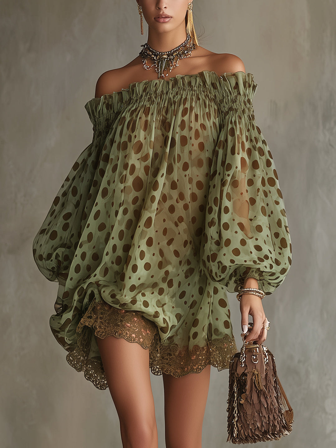 Groene Polka Dot Off-Shoulder Chiffon Mini Jurk met Kanten Zoom