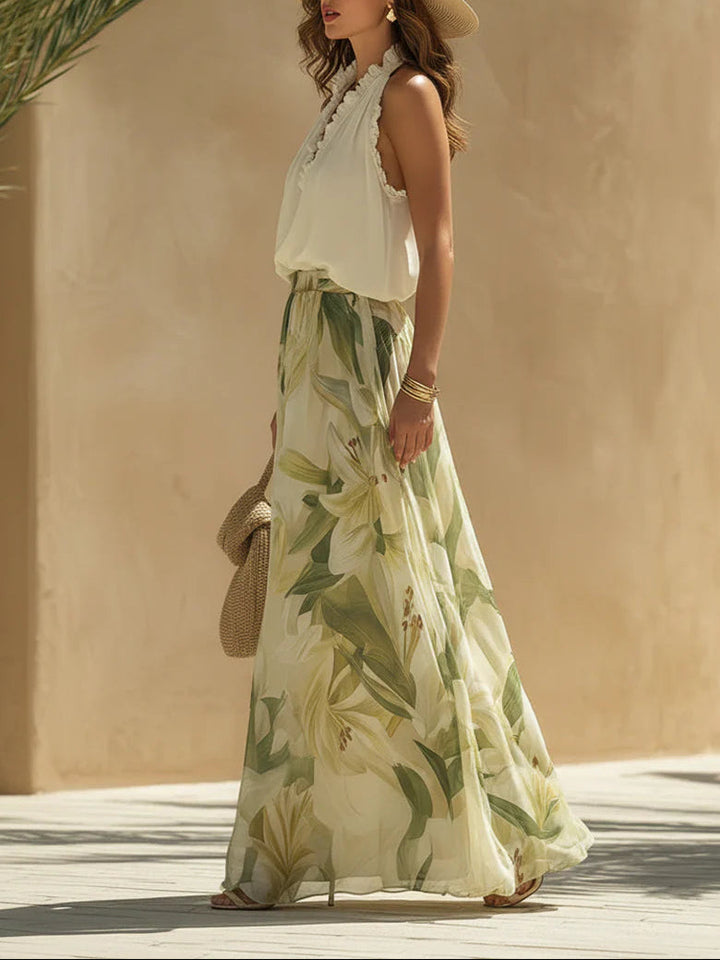 Vakantie Chiffon Ruffled Mouwloze Top En Lelieprint Broek Set