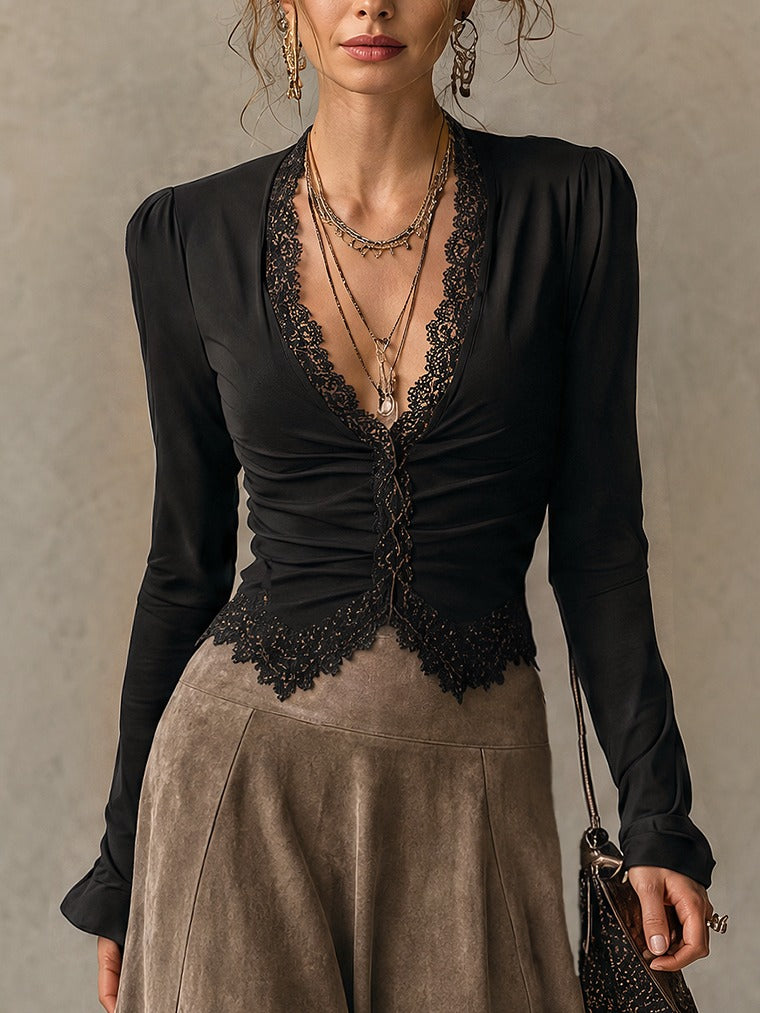 Albane | Set Top en Kant en Maxi Rok van Suède, Zwart en Taupe