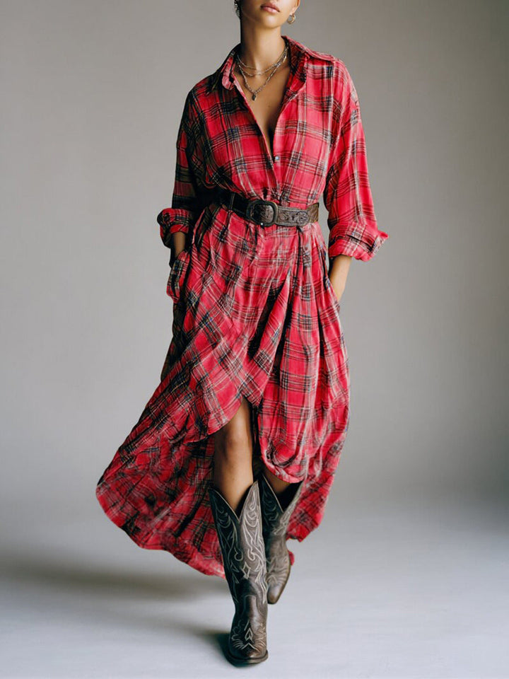 Casual losse retro geruite shirtjurk met riem