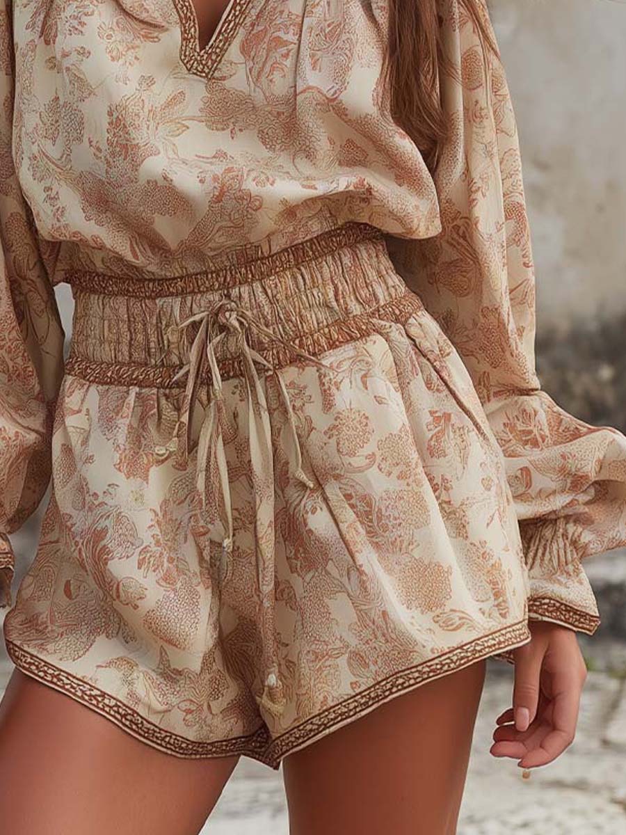 V-hals Botanische Print Taille-Cinch Korte Romper