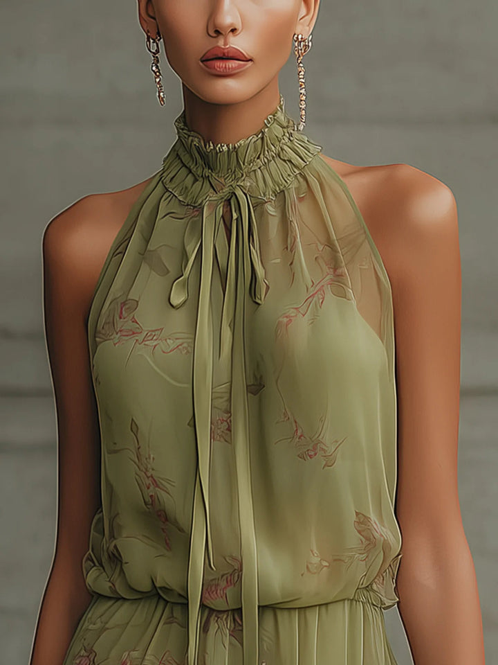 Groene Bloemen Taille-Tie Chiffon Mini Jurk