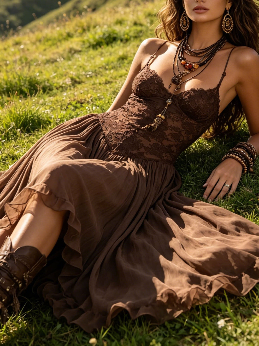 Donkerbruine Chiffon Maxi-jurk met Kantpanelen