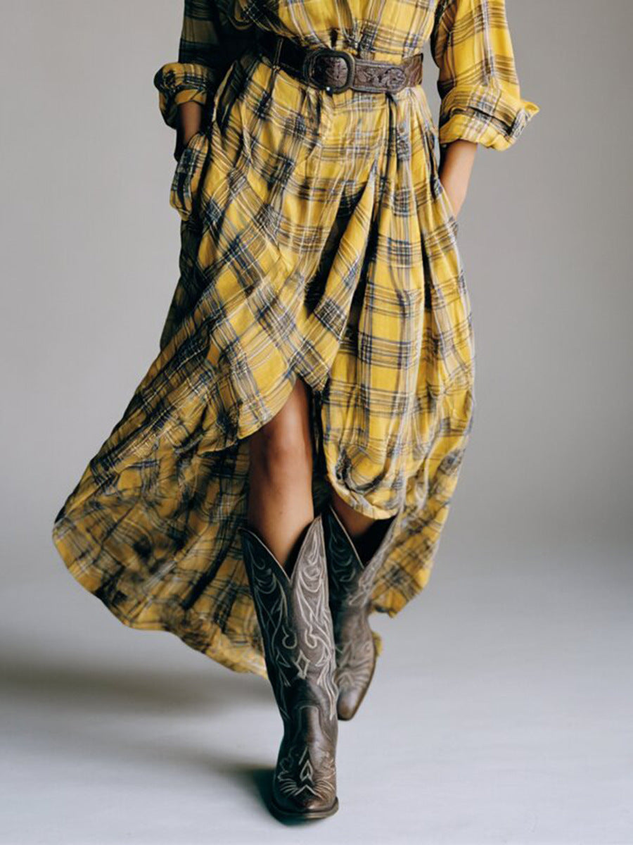 Casual losse retro geruite shirtjurk met riem