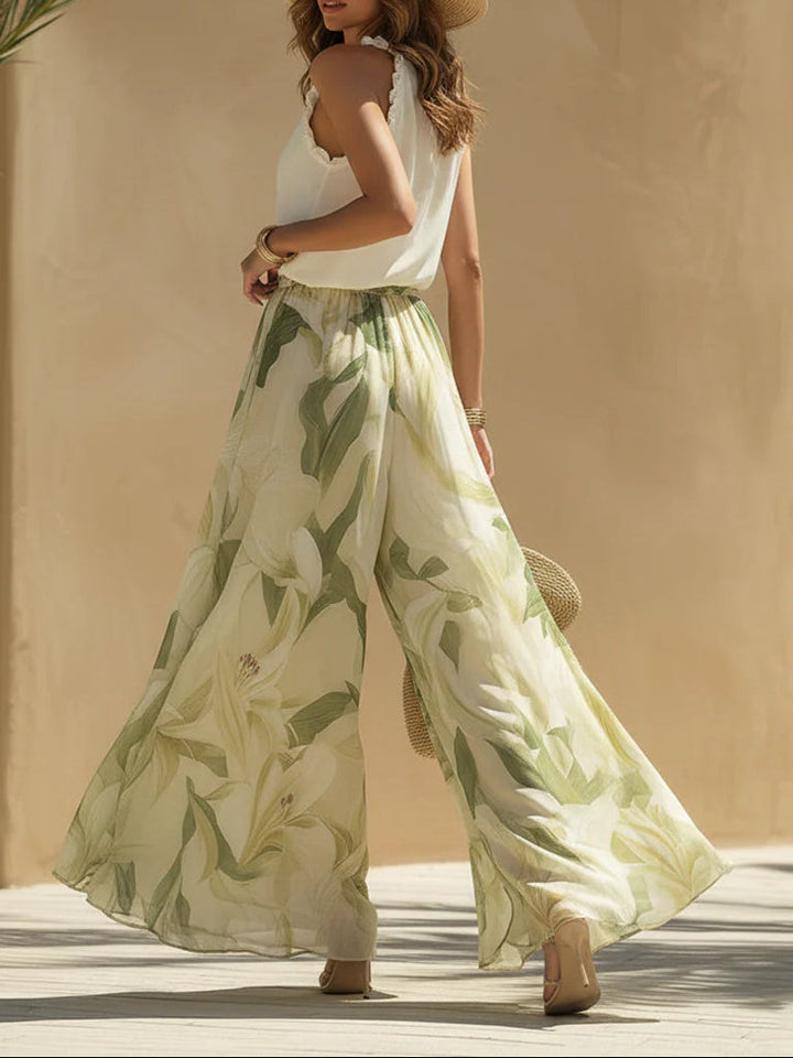 Vakantie Chiffon Ruffled Mouwloze Top En Lelieprint Broek Set