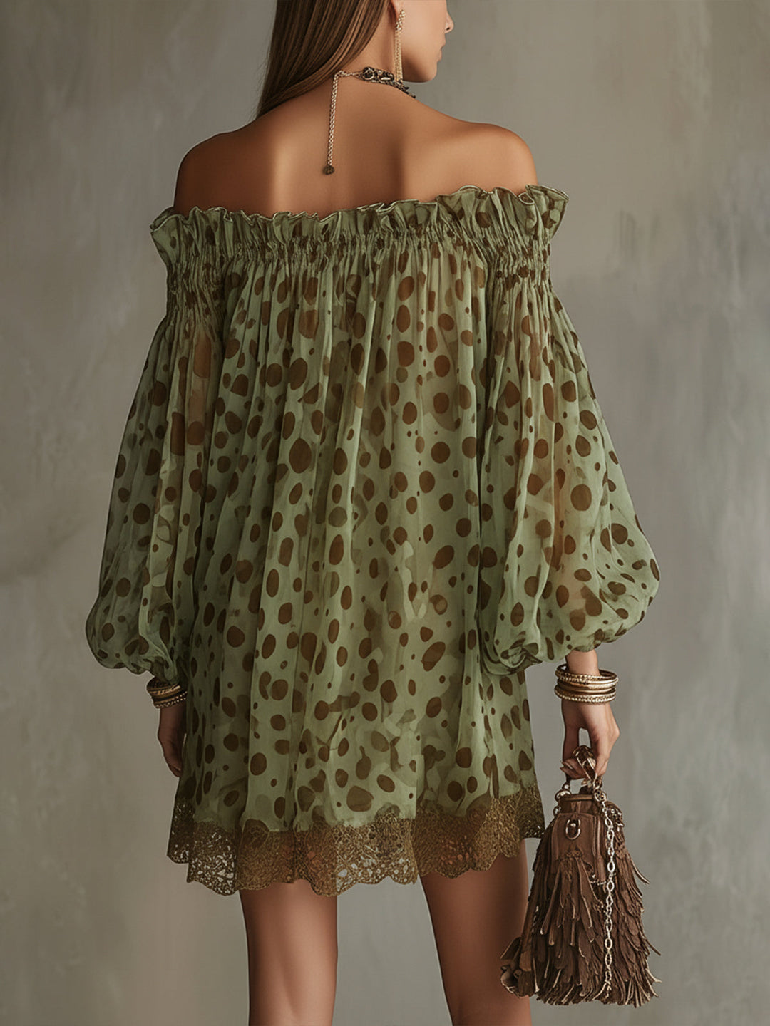 Groene Polka Dot Off-Shoulder Chiffon Mini Jurk met Kanten Zoom