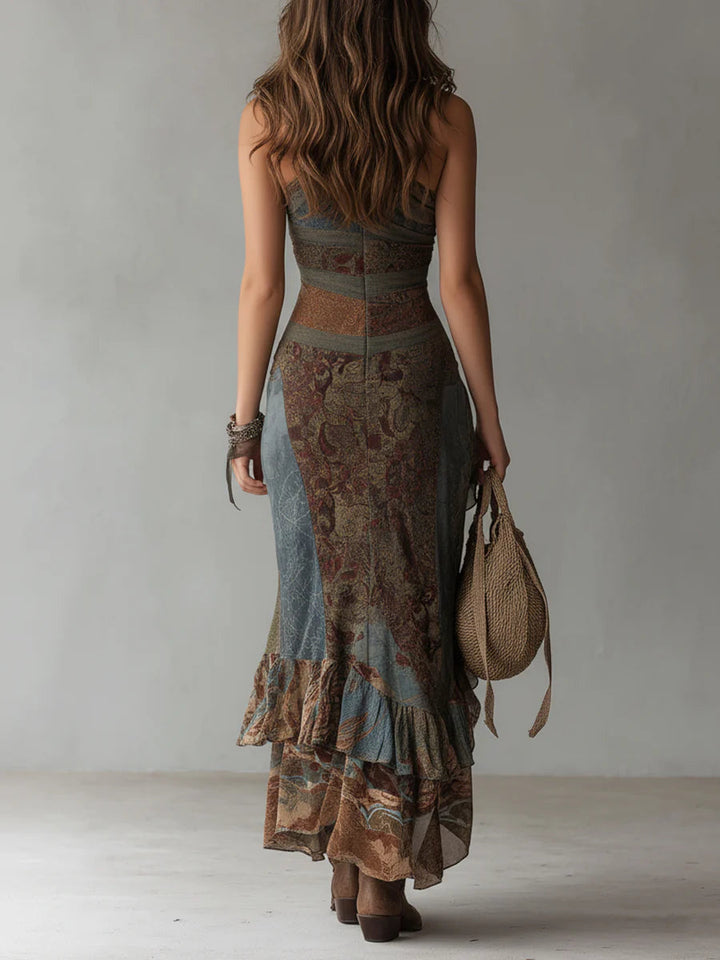Elena - Lange mono-schouder jurk met etnische print en hoge split