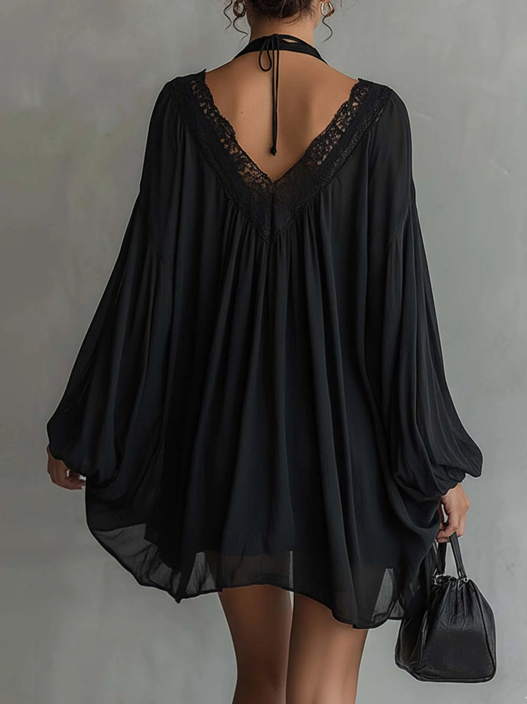 Zwarte Chiffon Halter Mini Jurk Met Kant Halslijn