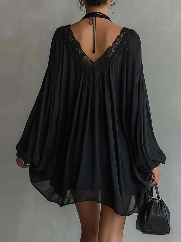 Zwarte Chiffon Halter Mini Jurk Met Kant Halslijn