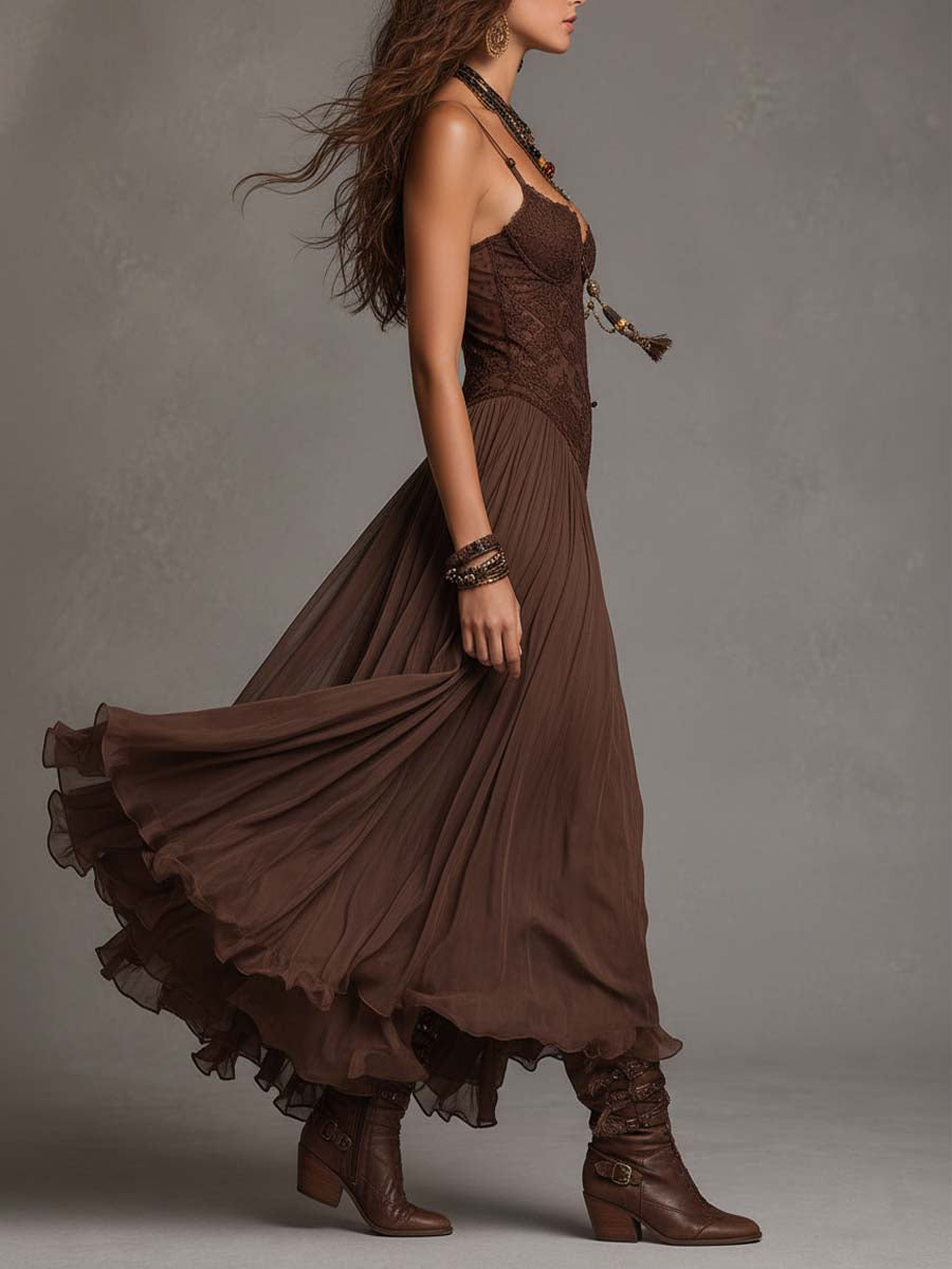 Donkerbruine Chiffon Maxi-jurk met Kantpanelen