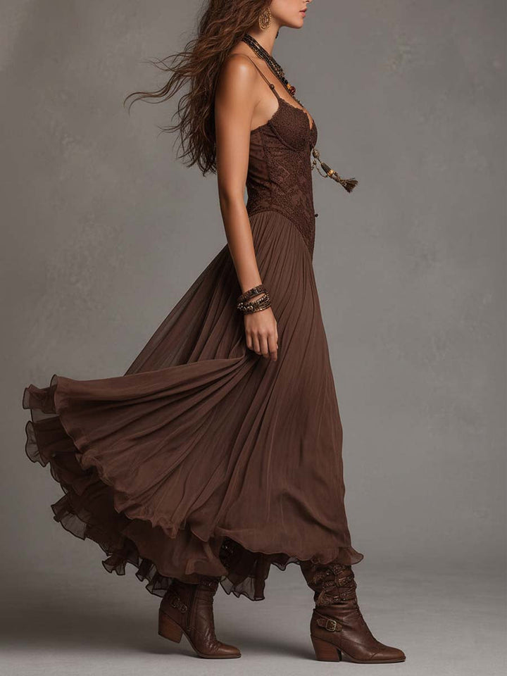 Donkerbruine Chiffon Maxi-jurk met Kantpanelen
