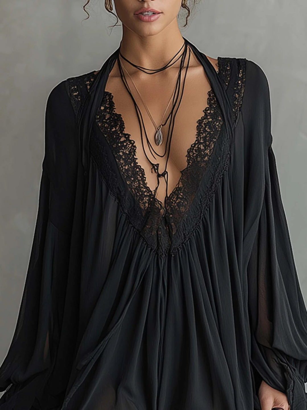 Zwarte Chiffon Halter Mini Jurk Met Kant Halslijn
