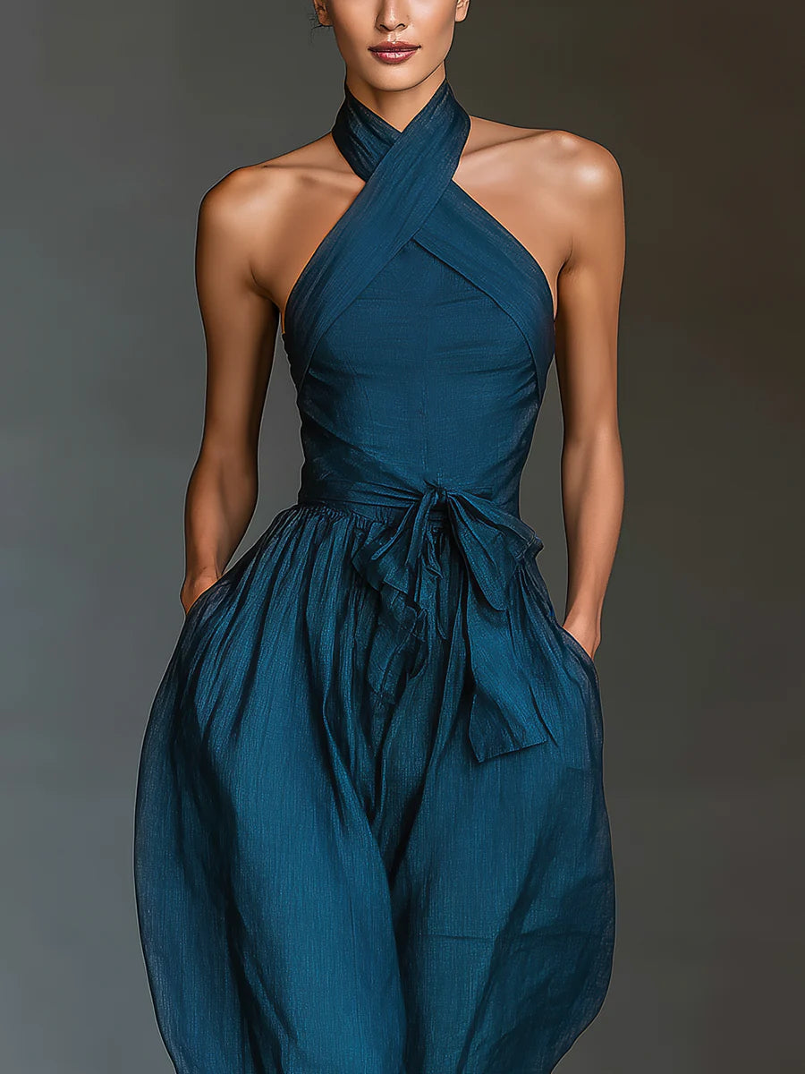 Navy Cross Halter Wijde Pijpen Jumpsuit Met Zakken