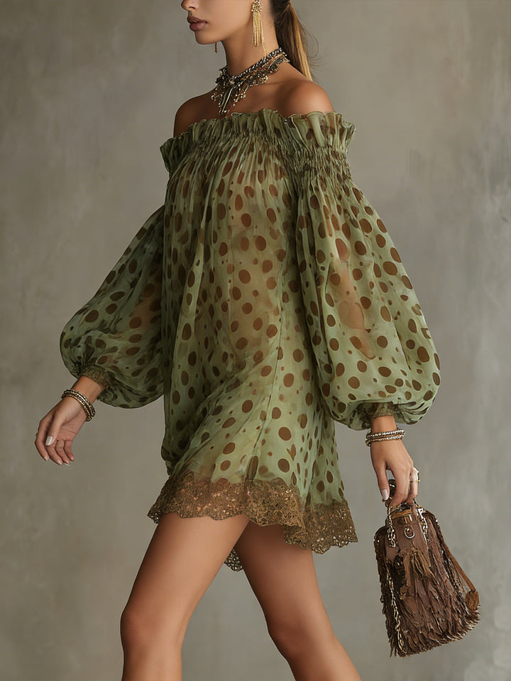 Groene Polka Dot Off-Shoulder Chiffon Mini Jurk met Kanten Zoom