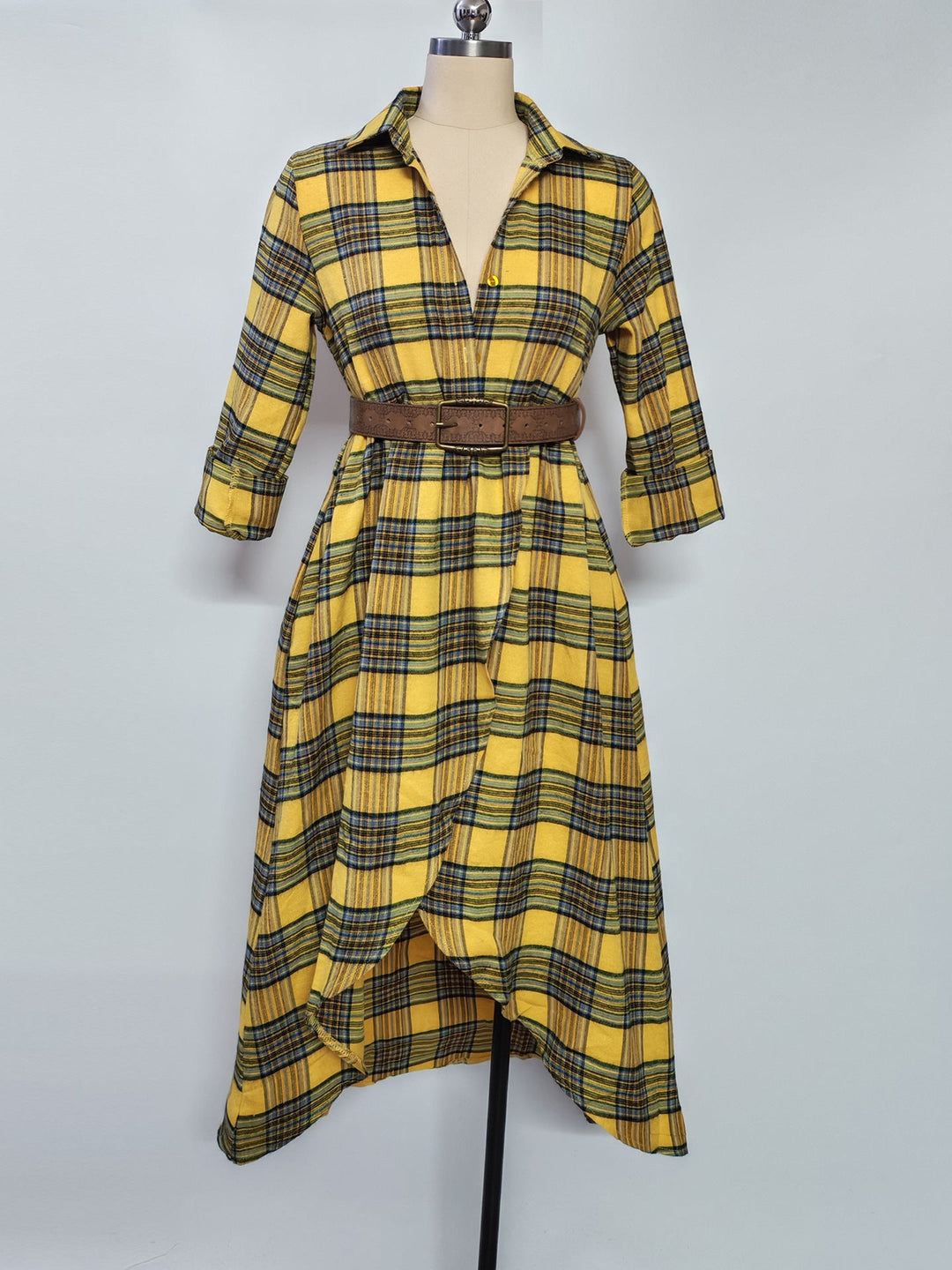 Casual losse retro geruite shirtjurk met riem
