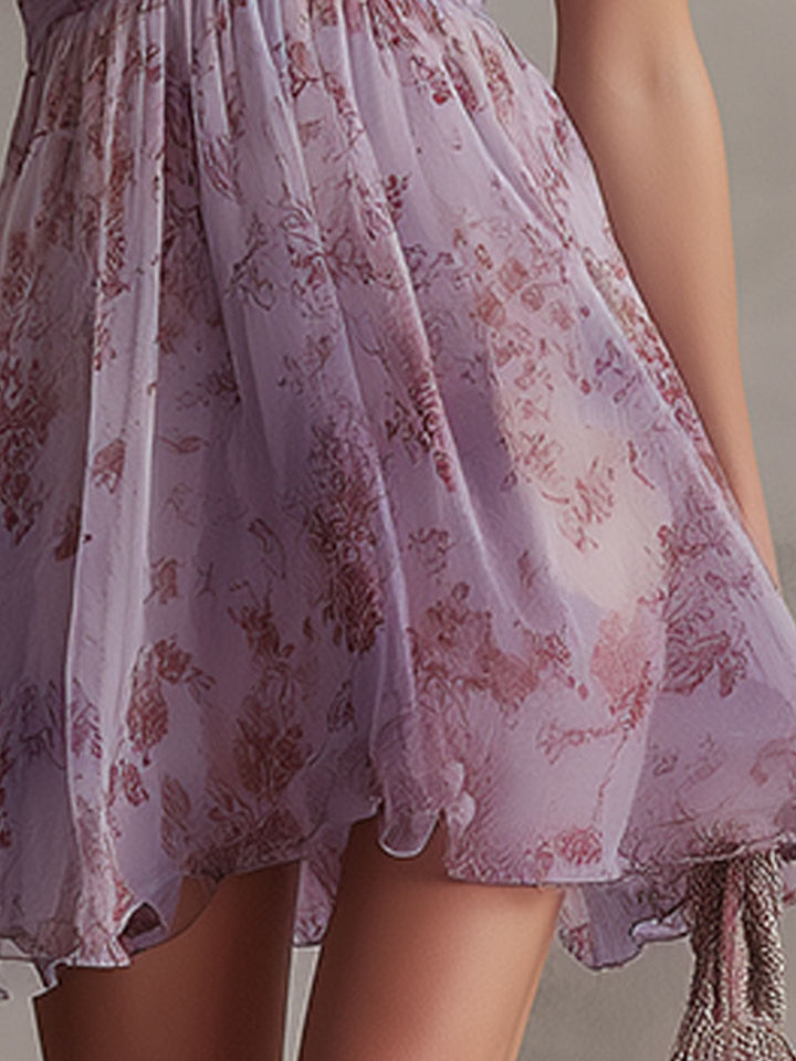 Retro Paarse Bloemen Rimpelige Chiffon Mini Jurk