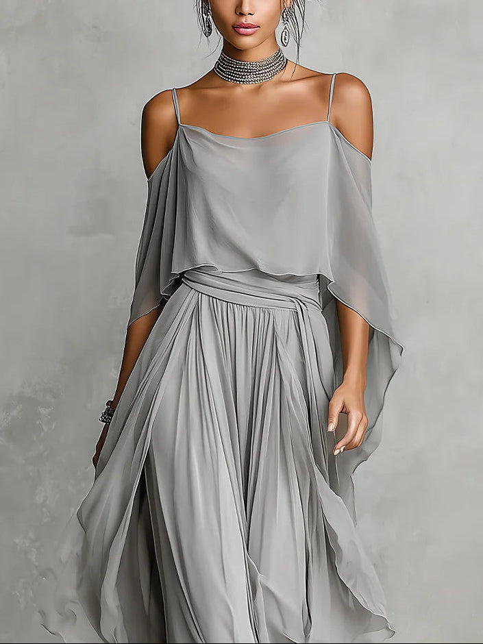 Grijze off-shoulder flowy camisole en chiffon broek set