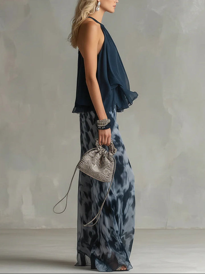 Marineblauwe Haltertop en Geprinte Wijde Broeken Chiffon Set