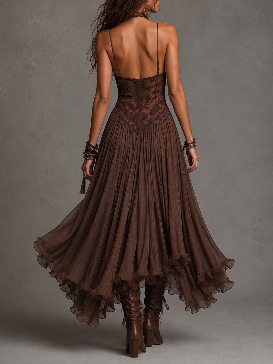 Donkerbruine Chiffon Maxi-jurk met Kantpanelen