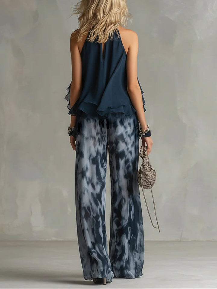 Marineblauwe Haltertop en Geprinte Wijde Broeken Chiffon Set
