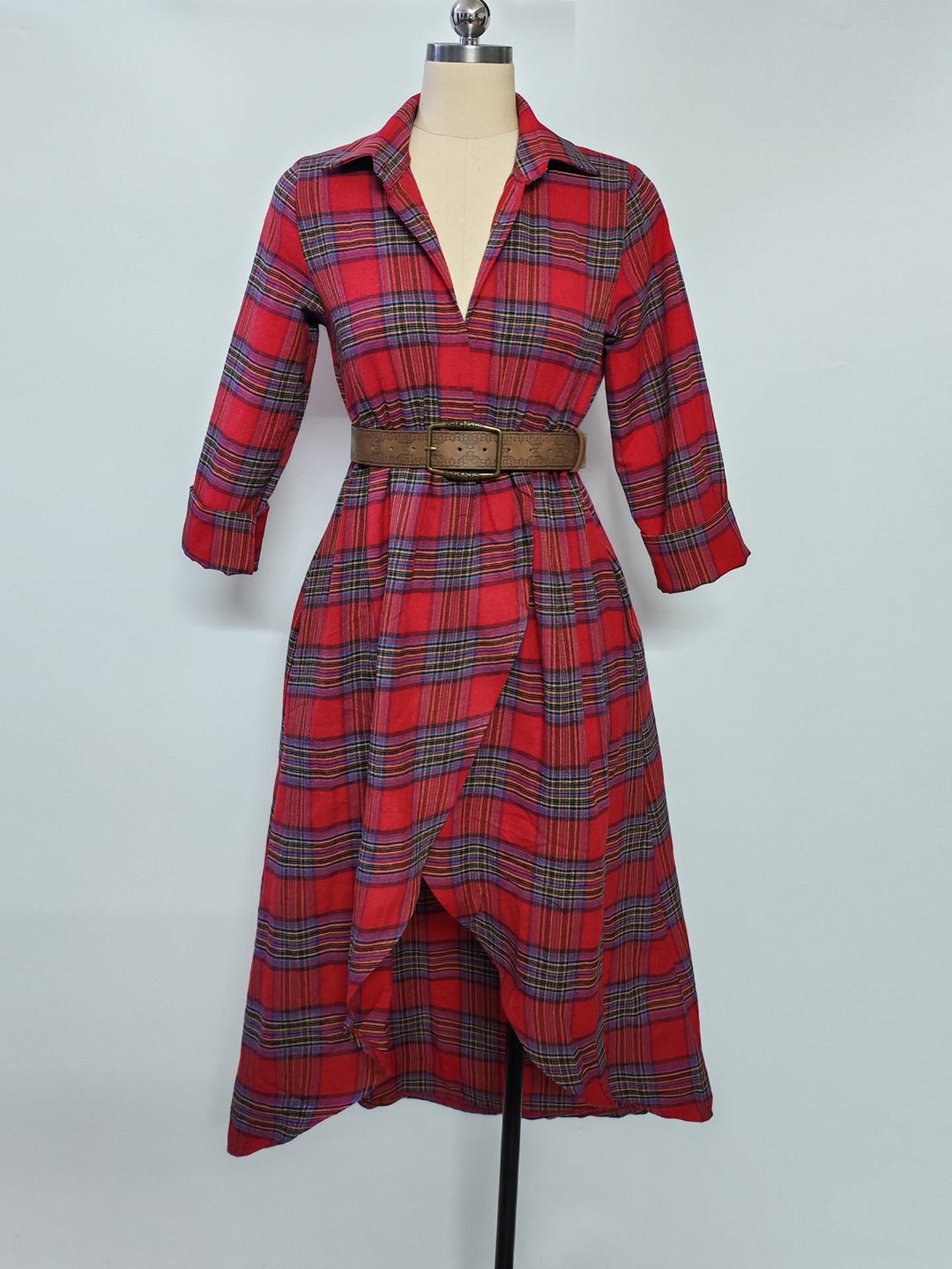 Casual losse retro geruite shirtjurk met riem