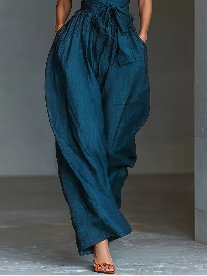 Navy Cross Halter Wijde Pijpen Jumpsuit Met Zakken