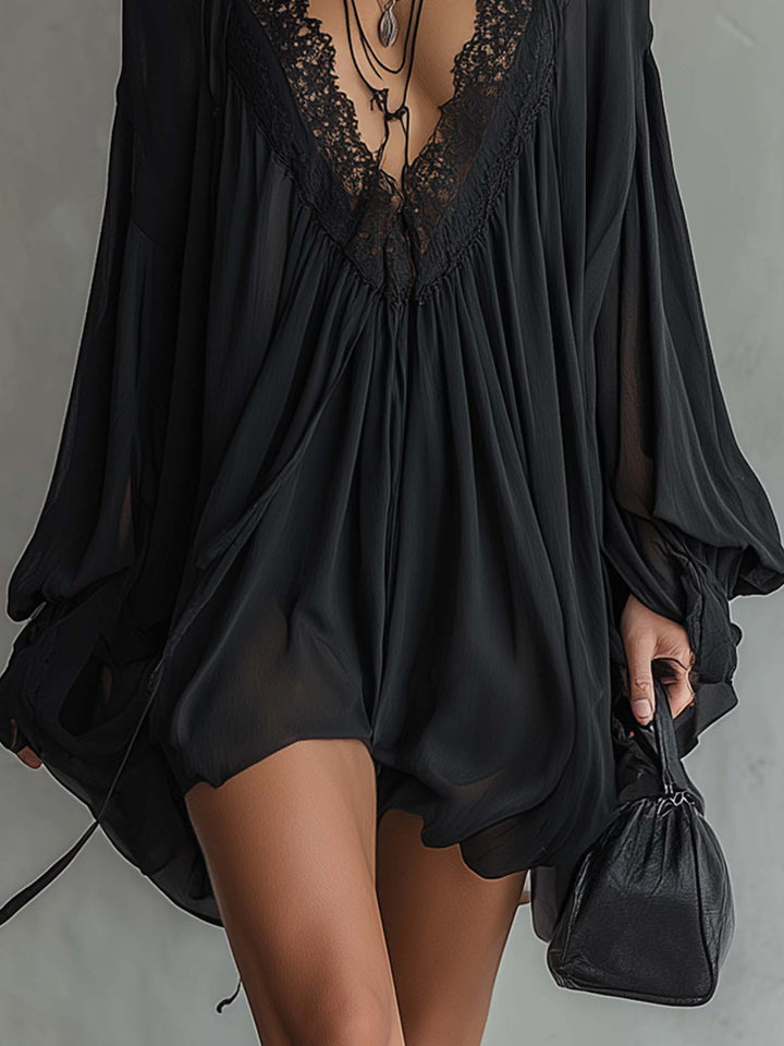 Zwarte Chiffon Halter Mini Jurk Met Kant Halslijn