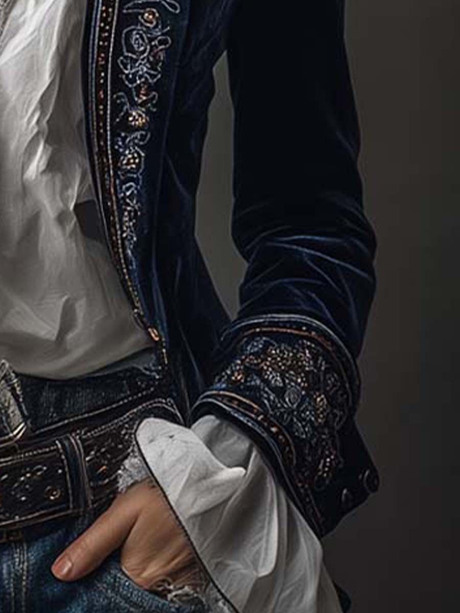 Athénaïs | Lange Geborduurde Vintage Jas Marineblauw
