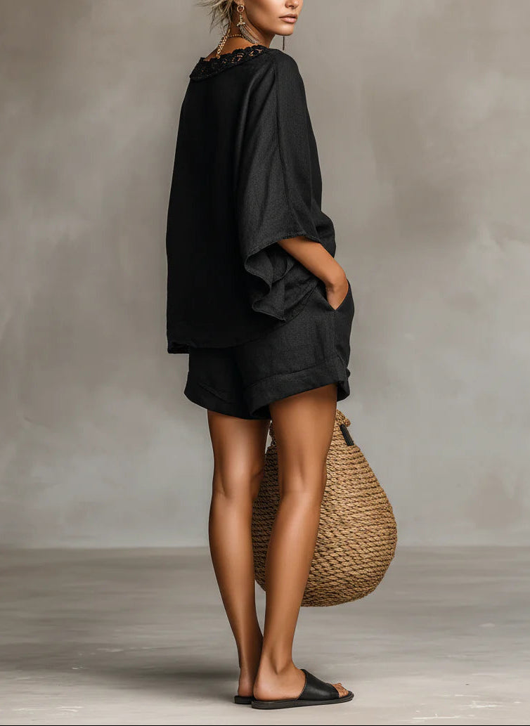 Minimalistische Kant Boot Hals Blouse En Shorts Set