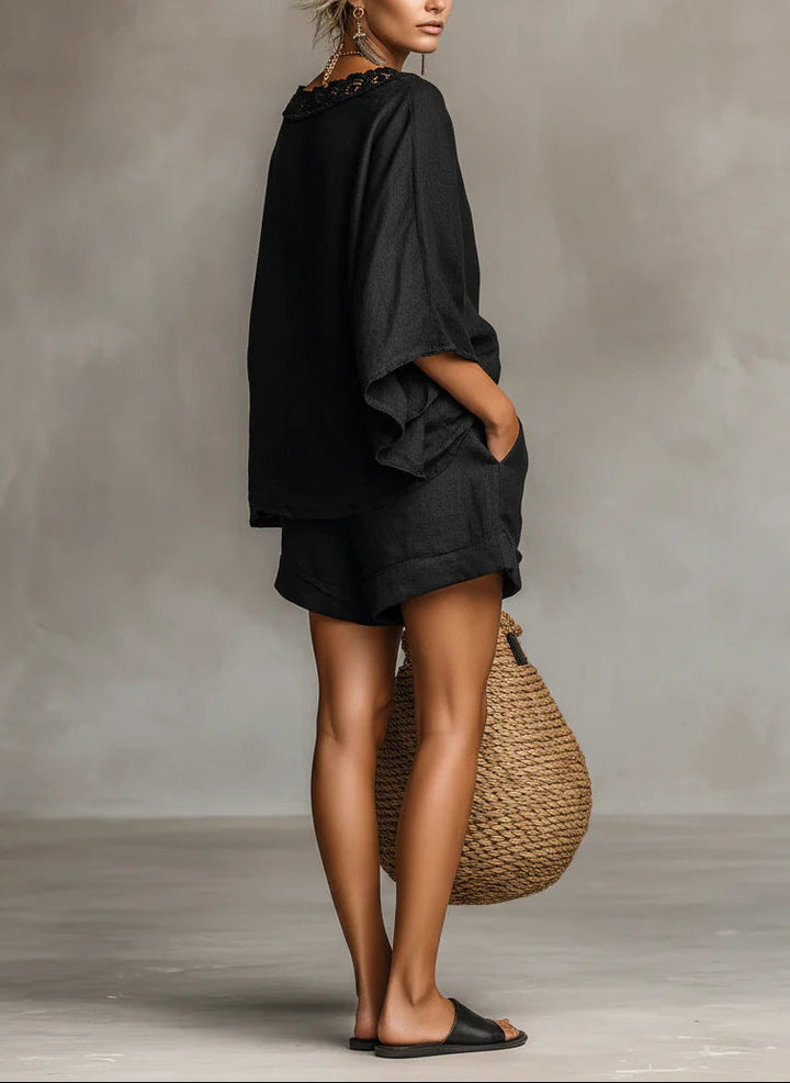 Minimalistische Kant Boot Hals Blouse En Shorts Set