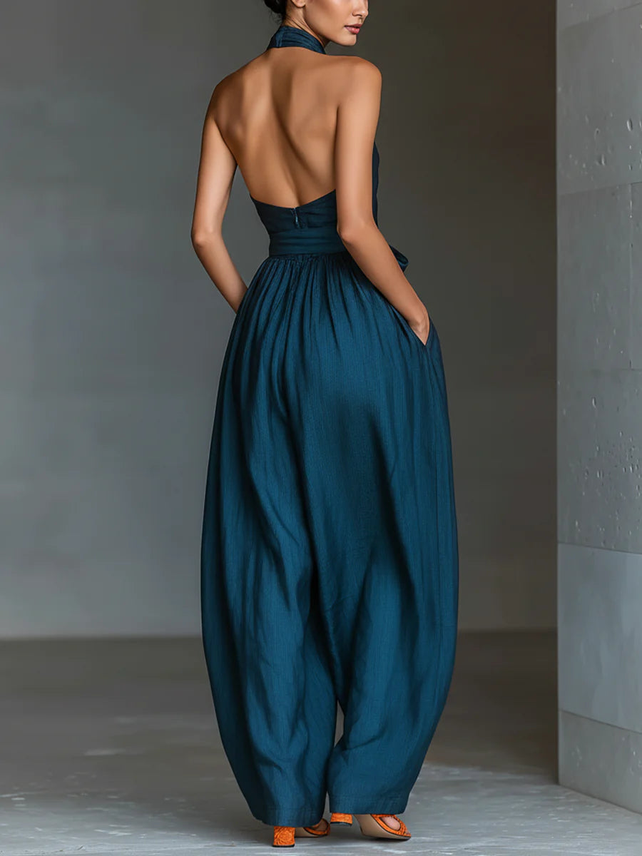 Navy Cross Halter Wijde Pijpen Jumpsuit Met Zakken