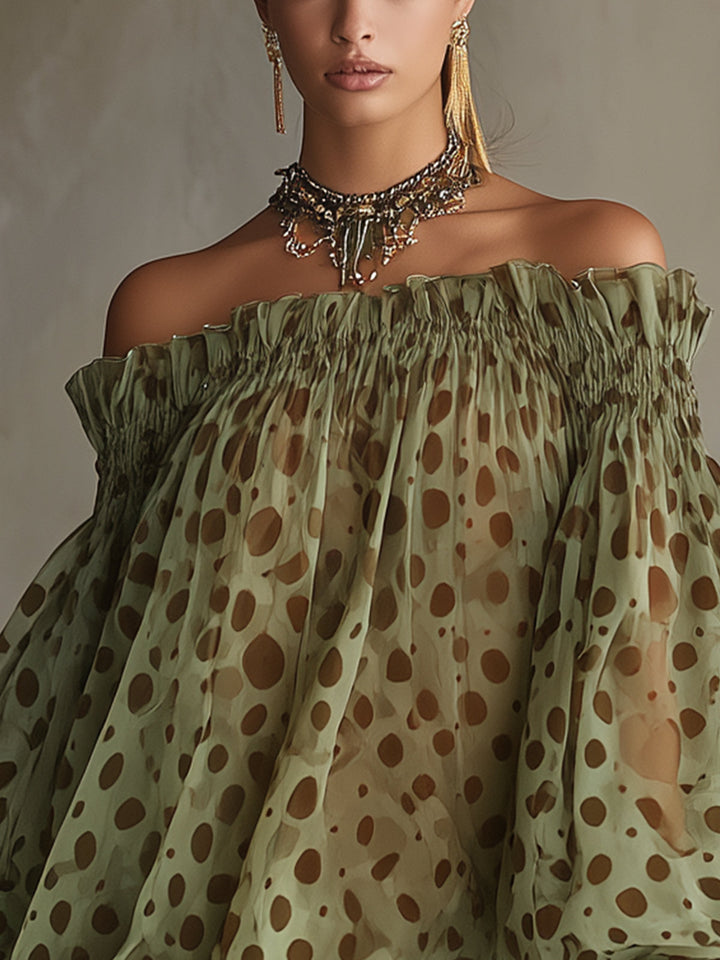 Groene Polka Dot Off-Shoulder Chiffon Mini Jurk met Kanten Zoom