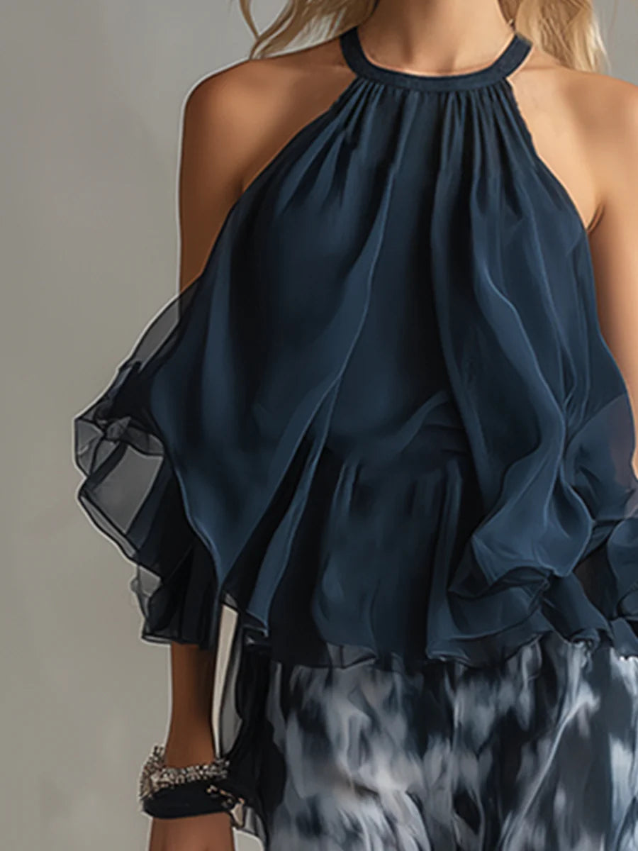 Marineblauwe Haltertop en Geprinte Wijde Broeken Chiffon Set