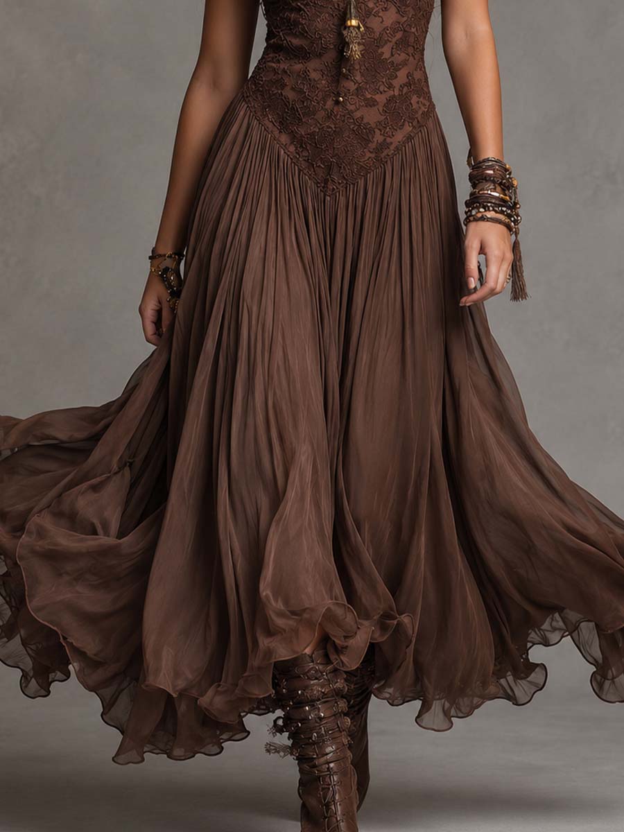 Donkerbruine Chiffon Maxi-jurk met Kantpanelen