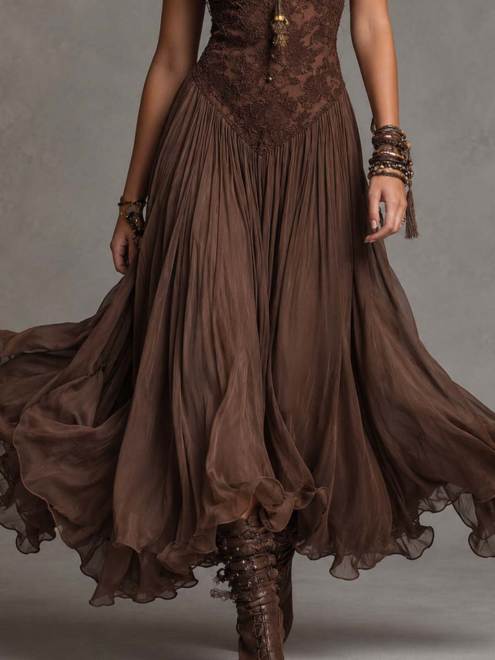 Donkerbruine Chiffon Maxi-jurk met Kantpanelen