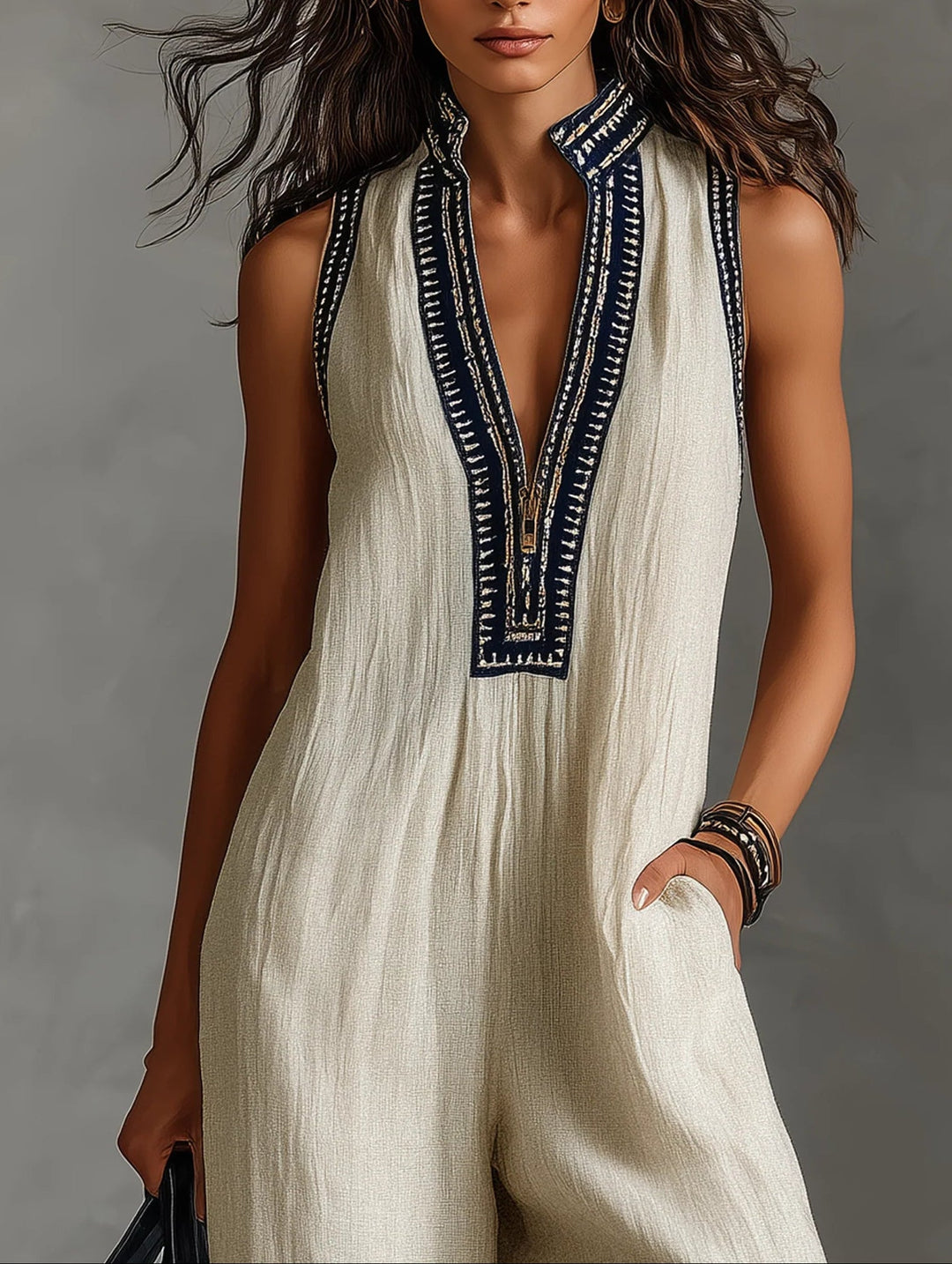 Minimalistische opstaande kraag rits mouwloze jumpsuit