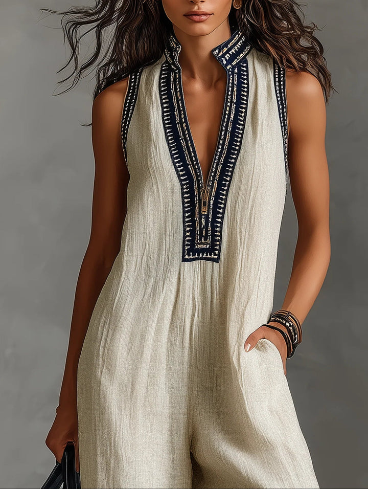 Minimalistische opstaande kraag rits mouwloze jumpsuit