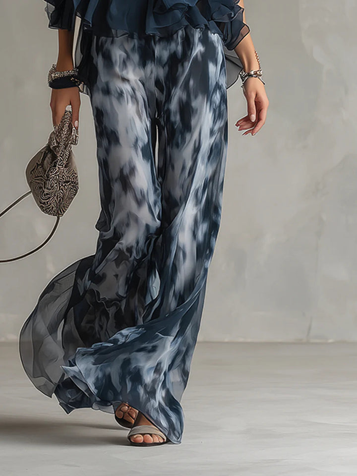 Marineblauwe Haltertop en Geprinte Wijde Broeken Chiffon Set