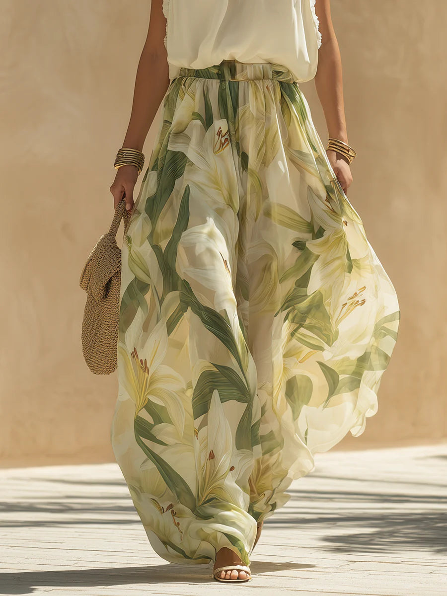 Vakantie Chiffon Ruffled Mouwloze Top En Lelieprint Broek Set