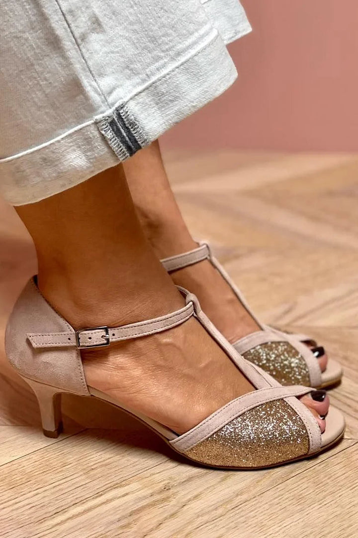 GLITTER SANDALEN MET LAGE HAK
