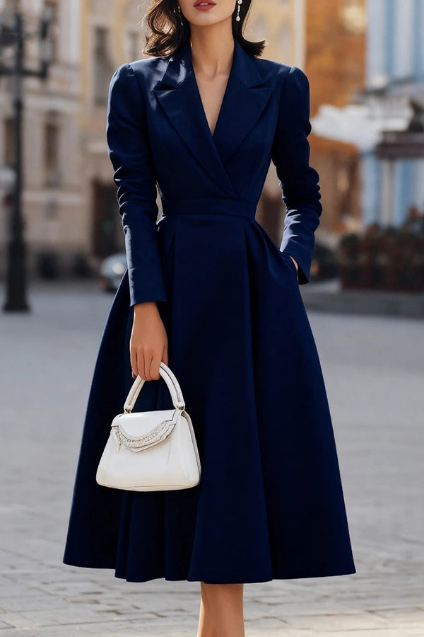 Elegante V-hals Lange Mouwen Aangesneden Taille Midi Jurk