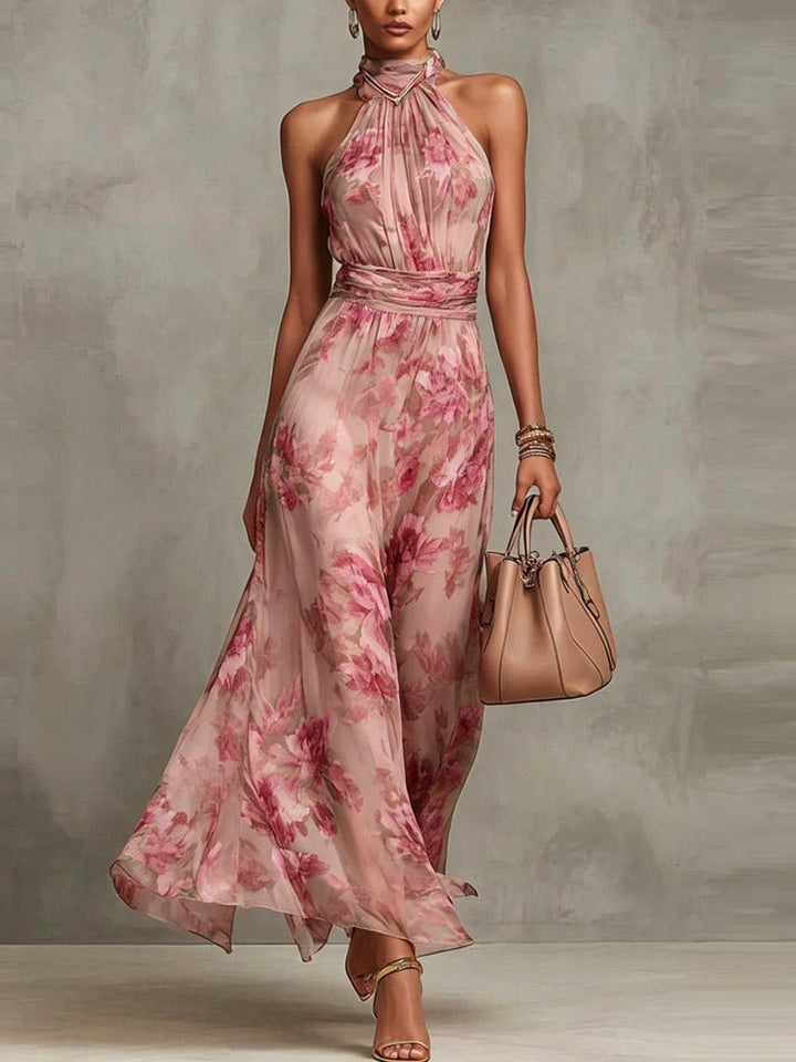 Groene Bloemen Chiffon Halter Maxi Jurk
