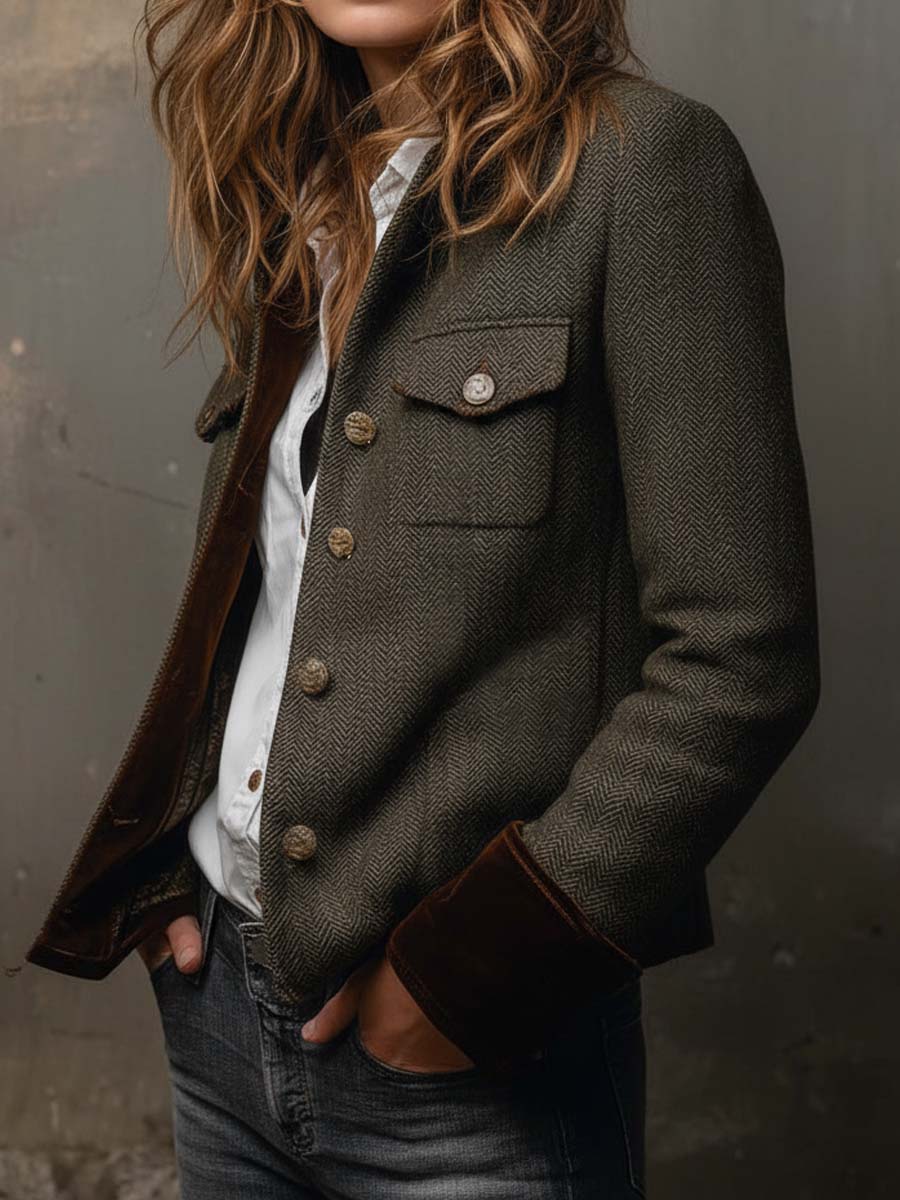 Honorine | Vintage Blazer met Contrasterende Chevron Lijsten