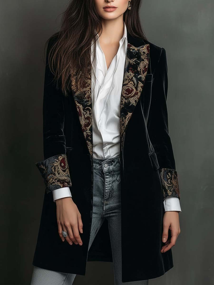Léontine | Slim Fit Geprinte Barok Zwarte Blazer